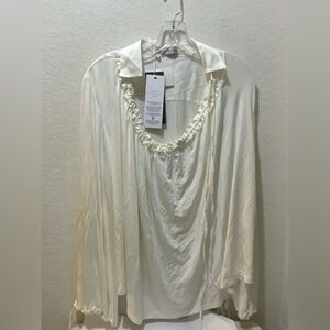 NWT palmer//harding top ivory white drawstring sleeves ruffle Collar